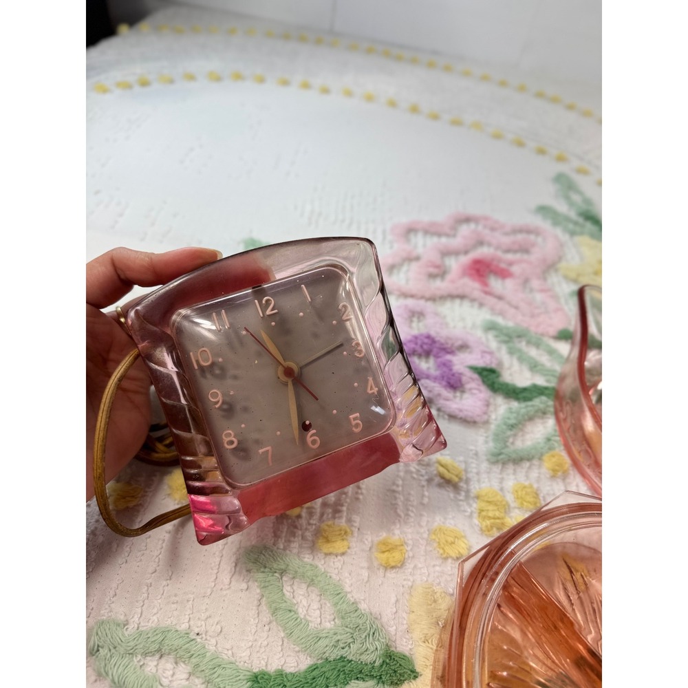 Vintage Pink Depression Glass Set Gilbert Clock Sunkist Juicer Candy Dish 13 pc - Picture 10 of 16